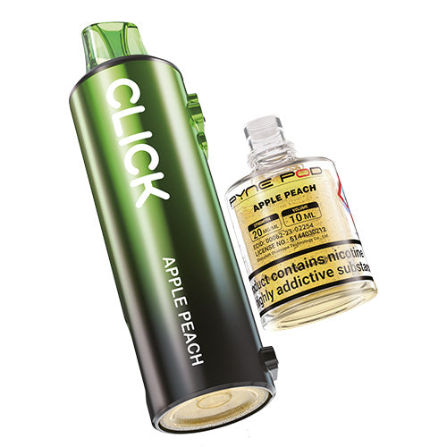Green and black vape device with 'CLICK' branding and a bottle of apple peach-flavored vape liquid on a white background.