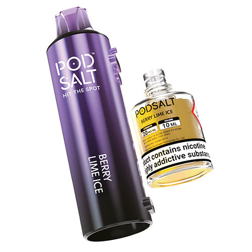 Purple vape device with 'Pod Salt' branding and a yellow bottle of liquid on a white background.