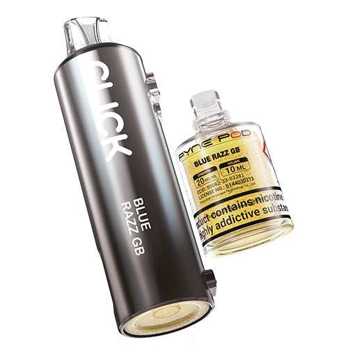 Vape device and bottle of Blue Razz GB e-liquid on a white background