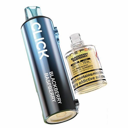Click vape device with blackberry raspberry flavor pod on a white background