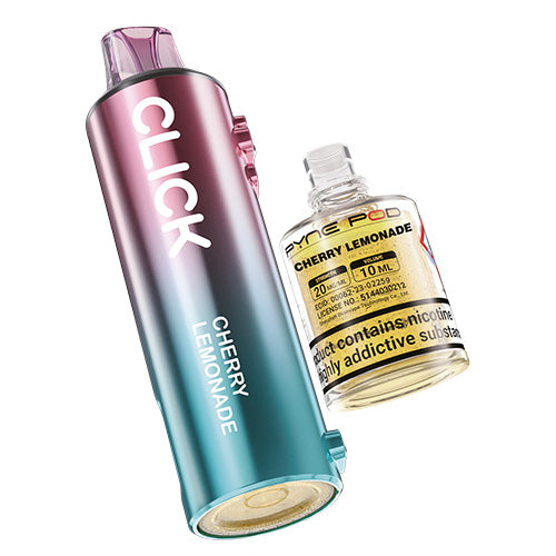 Vape device with cherry lemonade flavor and a bottle of cherry lemonade flavor liquid on a white background.