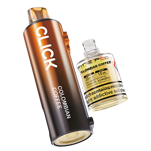 Vape device with 'CLICK' branding and a bottle of Colombian coffee-flavored e-liquid on a white background.