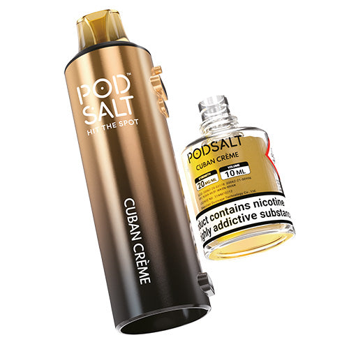 Pod Salt Cuban Creme vape device and liquid bottle on a white background