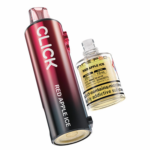 Red and black vape device with cherry berry flavor and a bottle of cherry berry vape liquid on a white background.