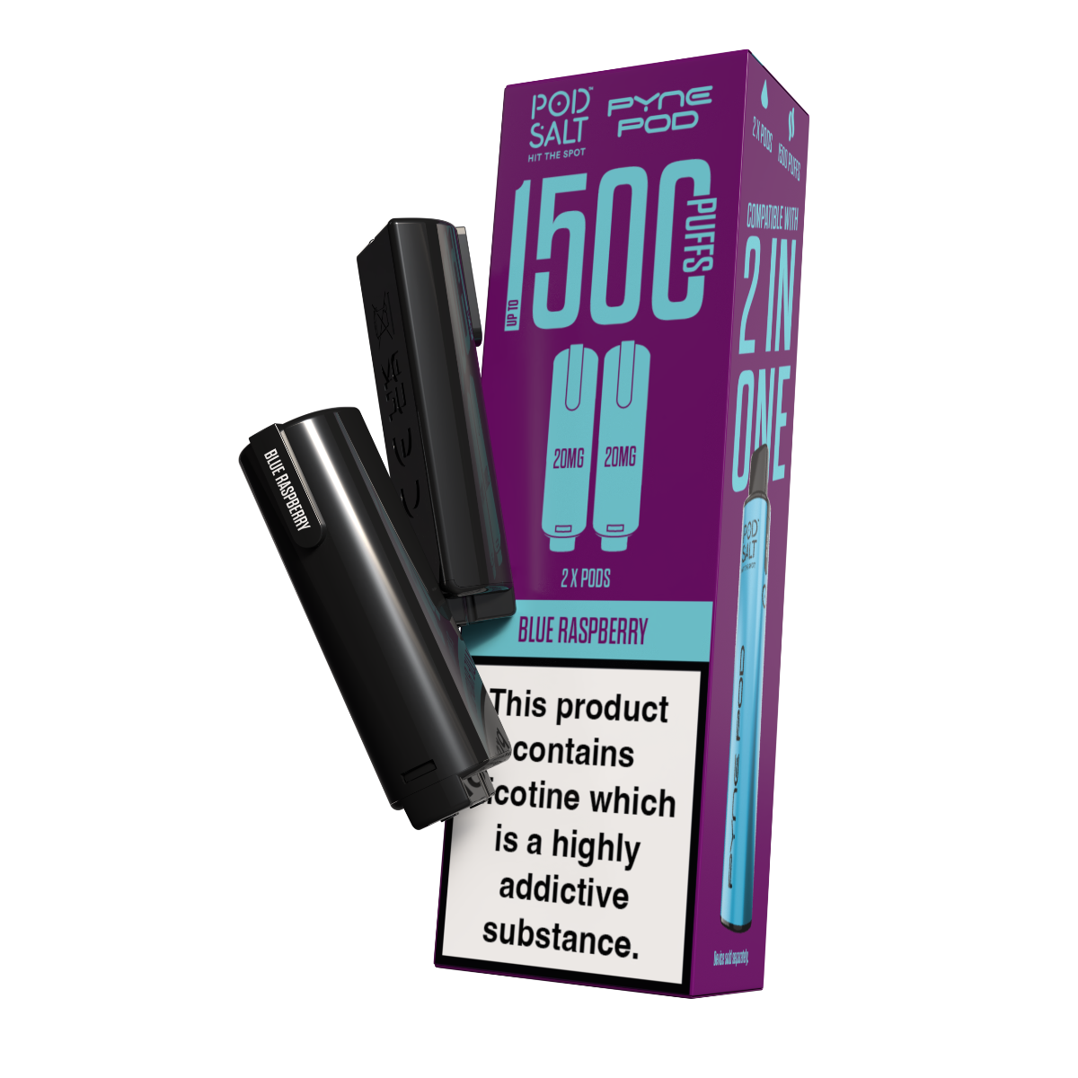 Vaping device and packaging with nicotine warning label on a white background