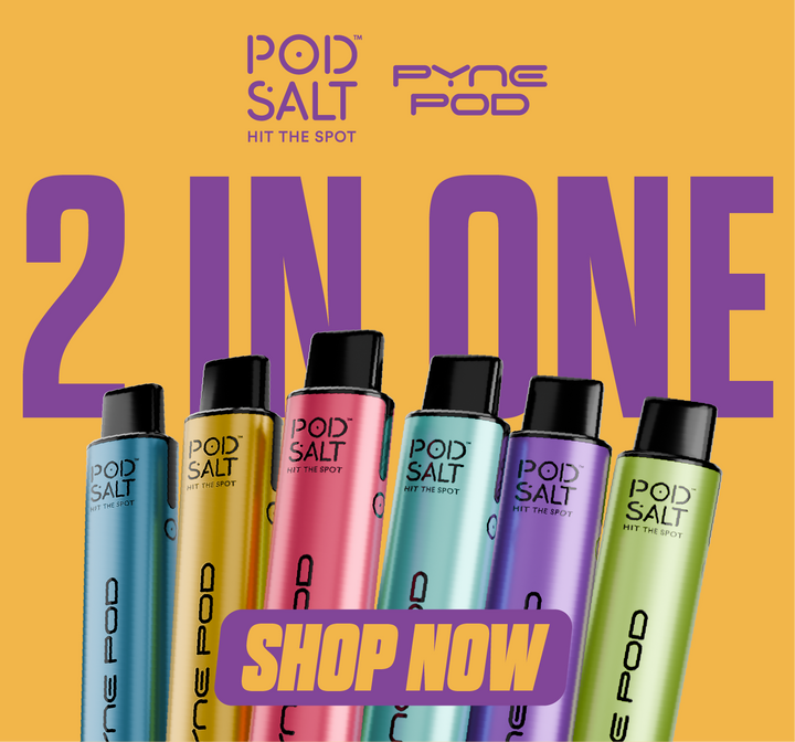 Promotional banner for a Pyne Pod 2 in One vape kit with colourful vape kits and text on a yellow background