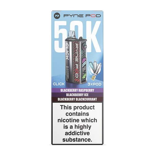 Pyne Pod Click Turbo 50K vape packaging in Blackberry Raspberry flavor, featuring a light blue and white box with a prominent nicotine warning label at the bottom.