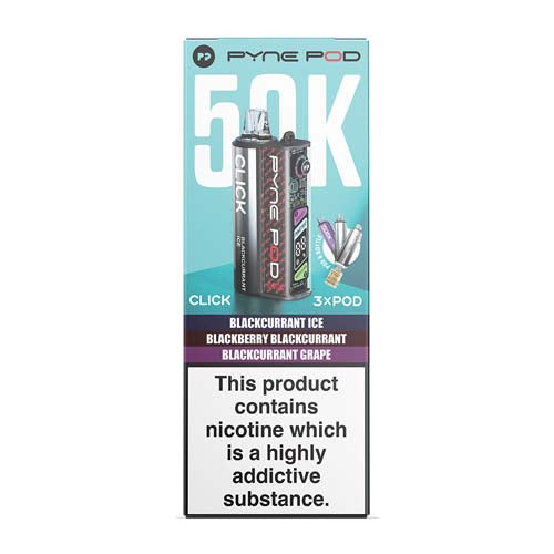 Pyne Pod Click 50K vape packaging in Blackcurrant Edition, featuring a light blue and white box.