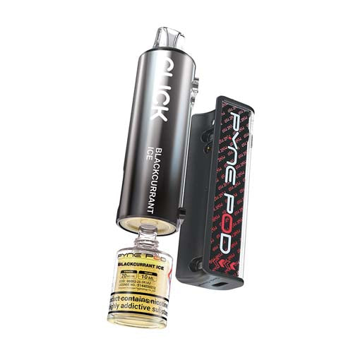 Pyne Pod Click 50K Blackcurrant Edition battery and pod on a white background