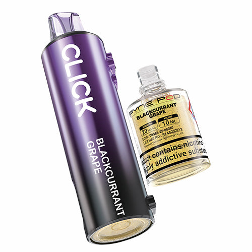 Purple vape device with 'CLICK' branding and a glass bottle of nicotine solution on a white background.