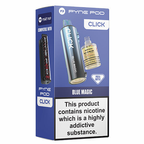 Pyne Pod Blue Magic packaging with nicotine warning on a white background