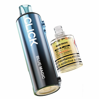 Vape device and bottle labeled 'Blue Magic' on a white background