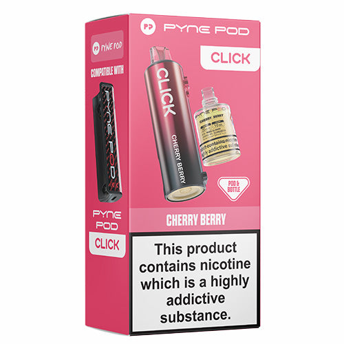 Pink packaging of Pyne Pod Cherry Berry vape with product images and text.