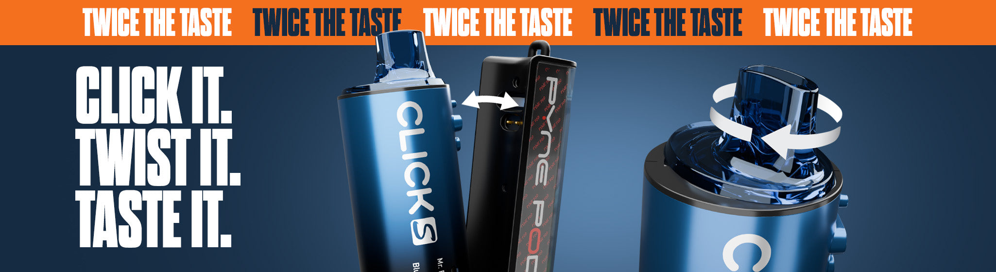 Pyne Pod Click S 30K Vape Kit on a blue background