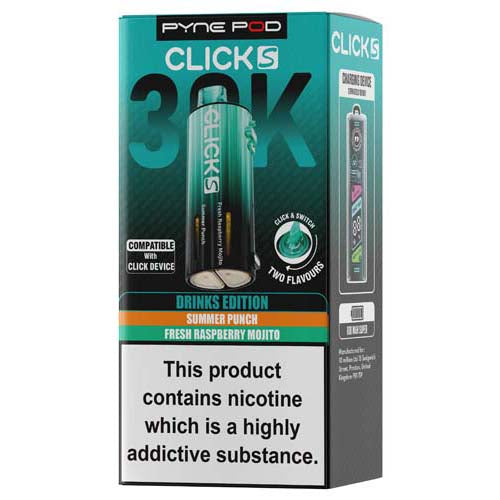 Pyme Pod Clicks 30K vape device packaging on a white background