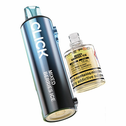 Vape device with 'CLICK' branding and a bottle of e-liquid on a white background
