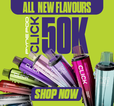 Promotional banner for Pyne Pod Click vape devices with 'All New Flavours' text on a green background.