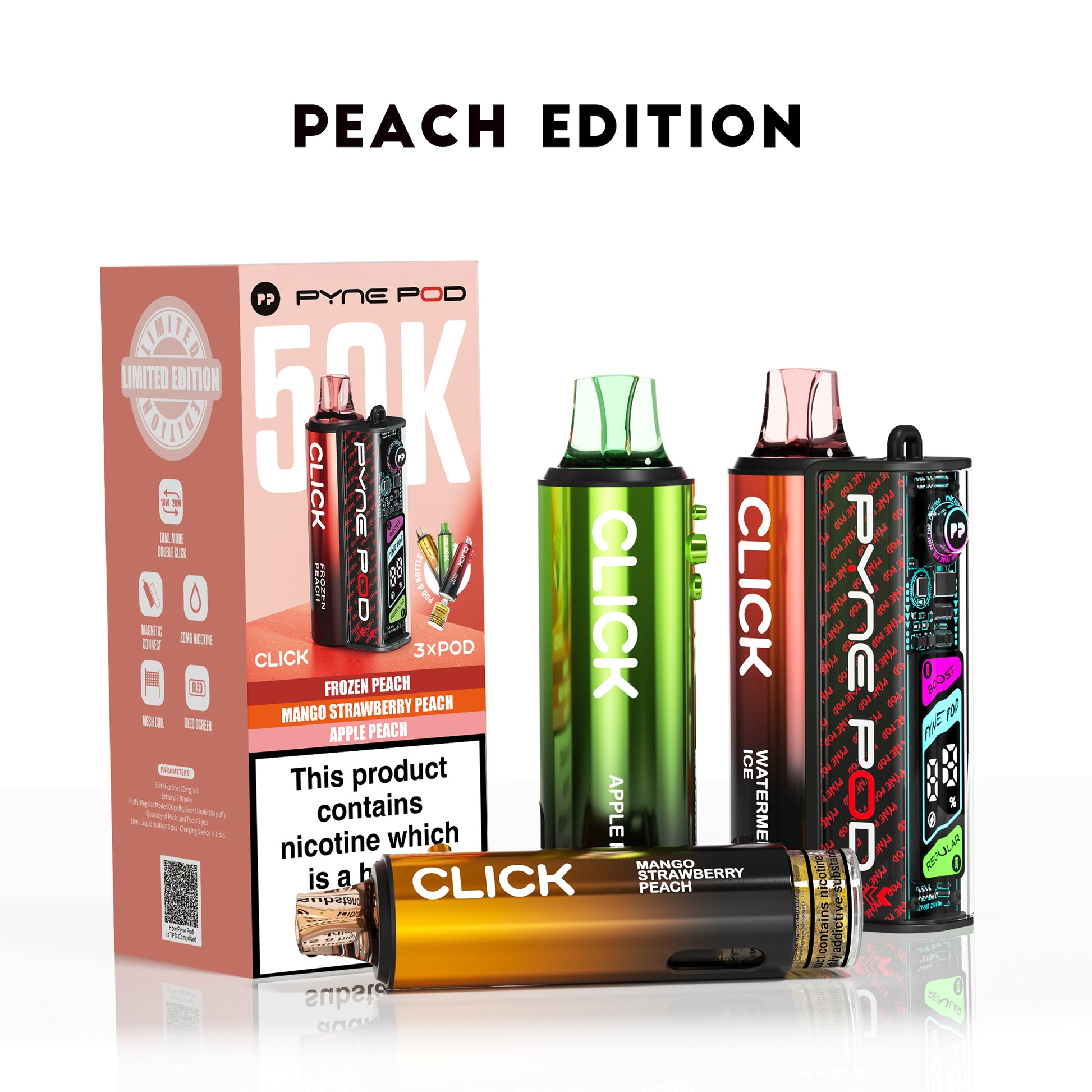 Collection of Click vape devices and packaging on a white background