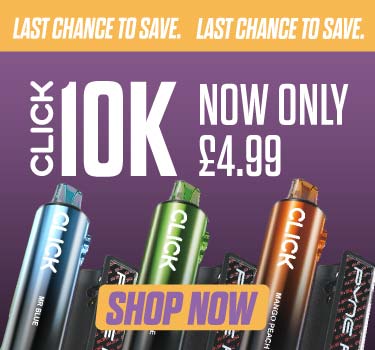 Promotional banner showing multiple Click disposable vape devices in different colors (blue, green, orange, black) on a purple gradient background with yellow text banners at the top and bottom.