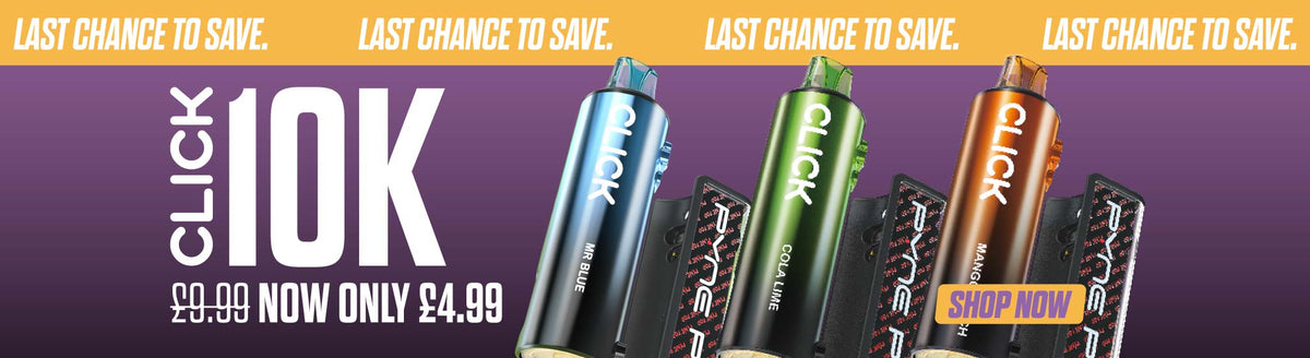 Promotional banner showing multiple Click disposable vape devices in different colours (blue, green, orange, black) on a purple gradient background with yellow text banners at the top and bottom.
