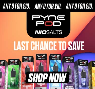 A promotional banner for Pyne Pod NIC SALTS, showing multiple colourful product boxes in a row against a gradient background with repeated 'ANY 8 FOR £10.' text and a 'SHOP NOW' call-to-action.