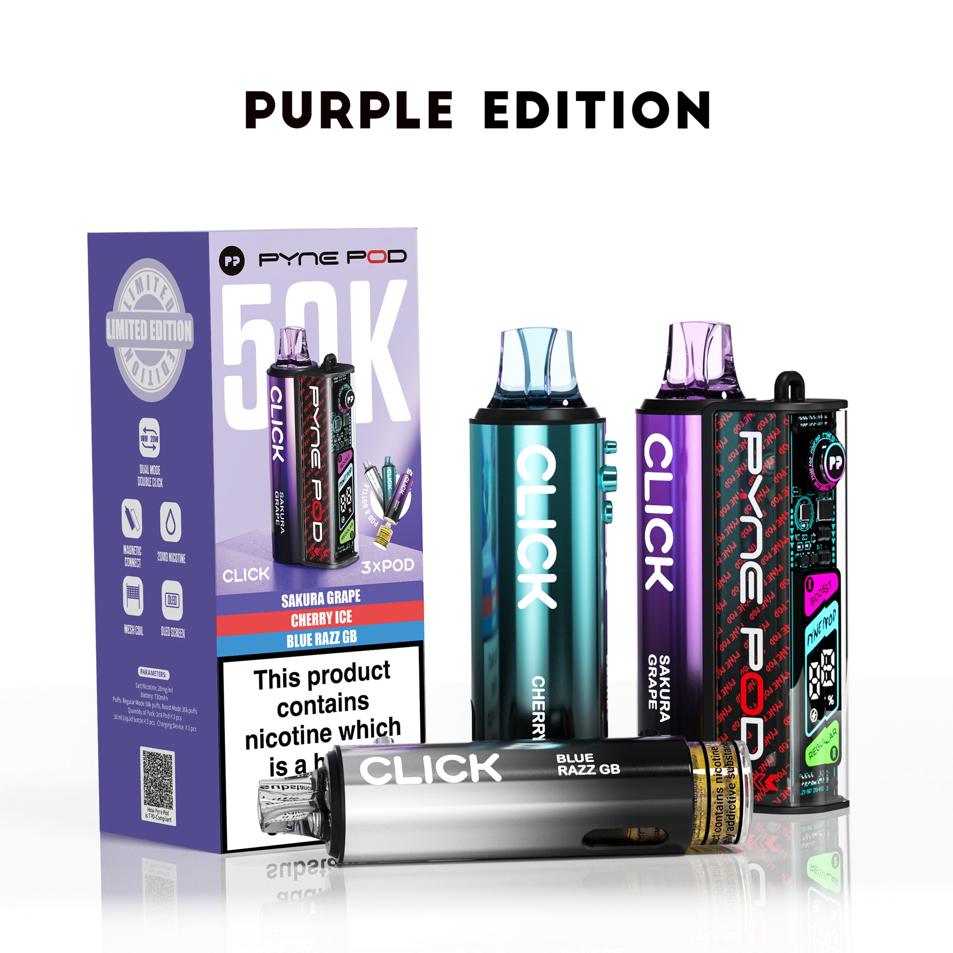 Vape products and packaging with 'Purple Edition' branding on a white background