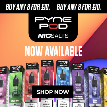 Promotional banner for Pyne Pod Nic Salts with packaging displayed against a colorful background.