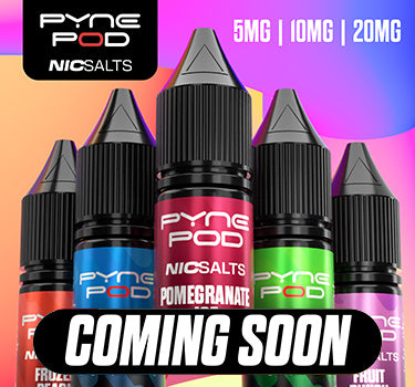 Promotional banner for Pyne Pod NicSalts with various packaging and product information.