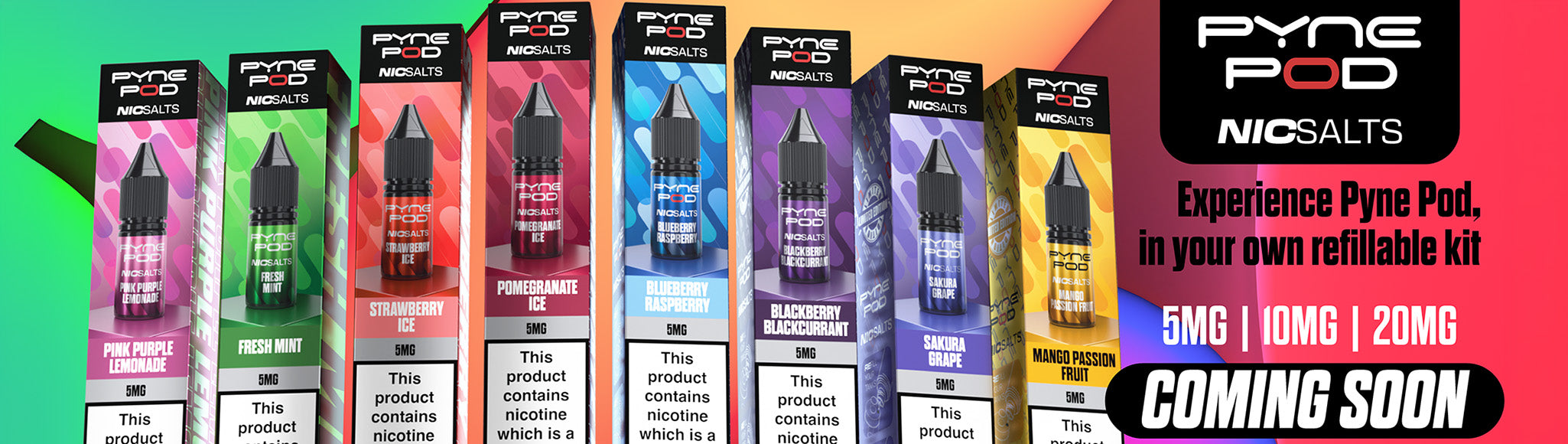 Promotional banner for Pyne Pod NicSalts with various packaging and product information.