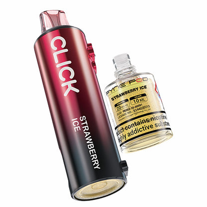 Red and black vape device with 'CLICK' branding and a bottle of strawberry ice flavor liquid on a white background.