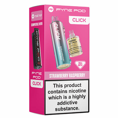 Pink packaging of Pyne Pod Click Strawberry Raspberry with product and bottle illustration on a white background